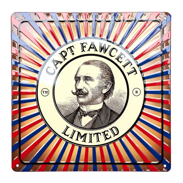 captain-fawcett-tin-plate-sign-blechschild-mit-logo-und-barbier-streifen image 1