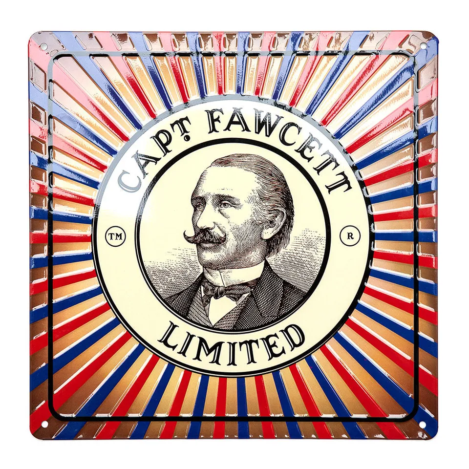 captain-fawcett-tin-plate-sign-blechschild-mit-logo-und-barbier-streifen image 1