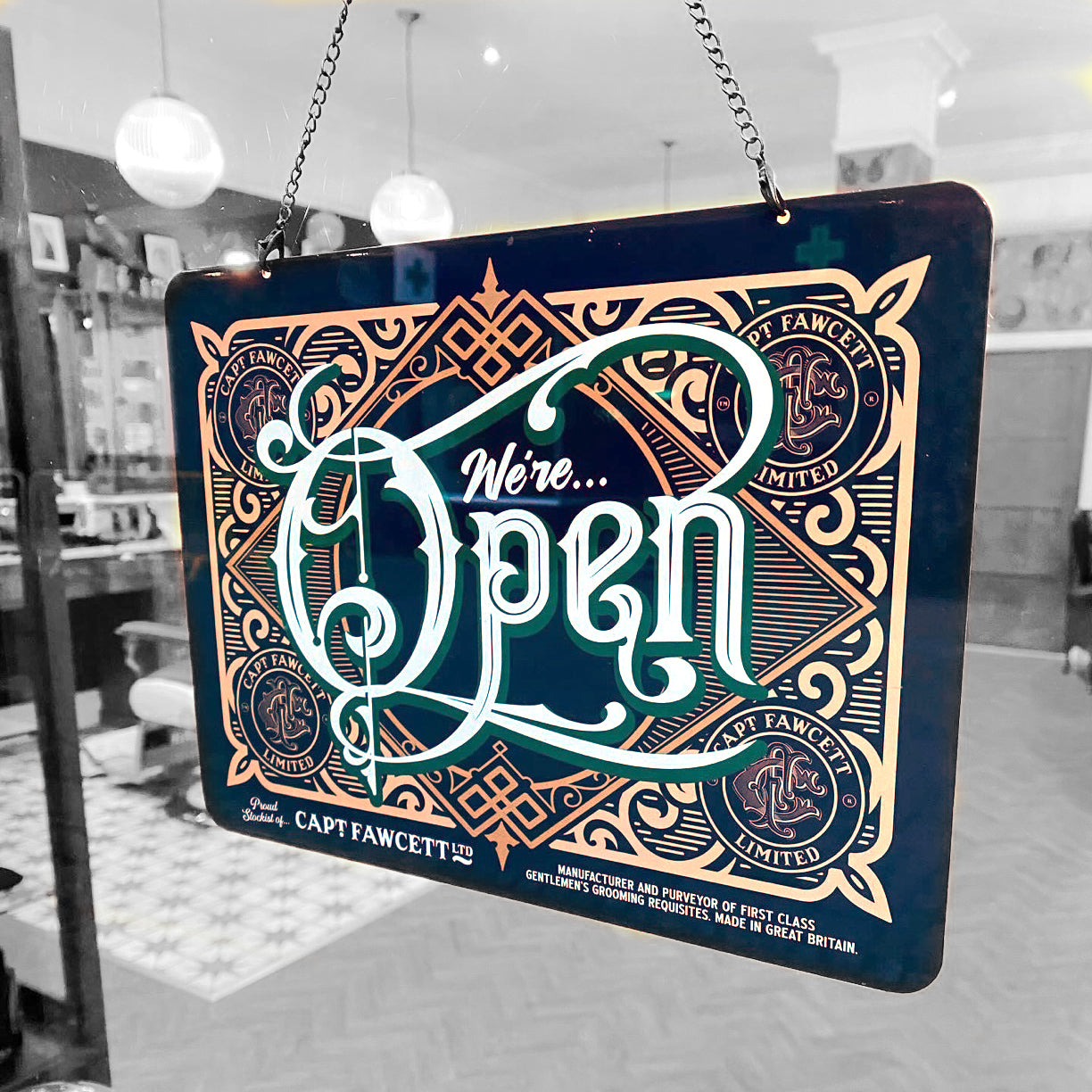 captain-fawcett-open-closed-h-ngeschild-aluminium-schild-mit-messingkette-f-r-ba image 2