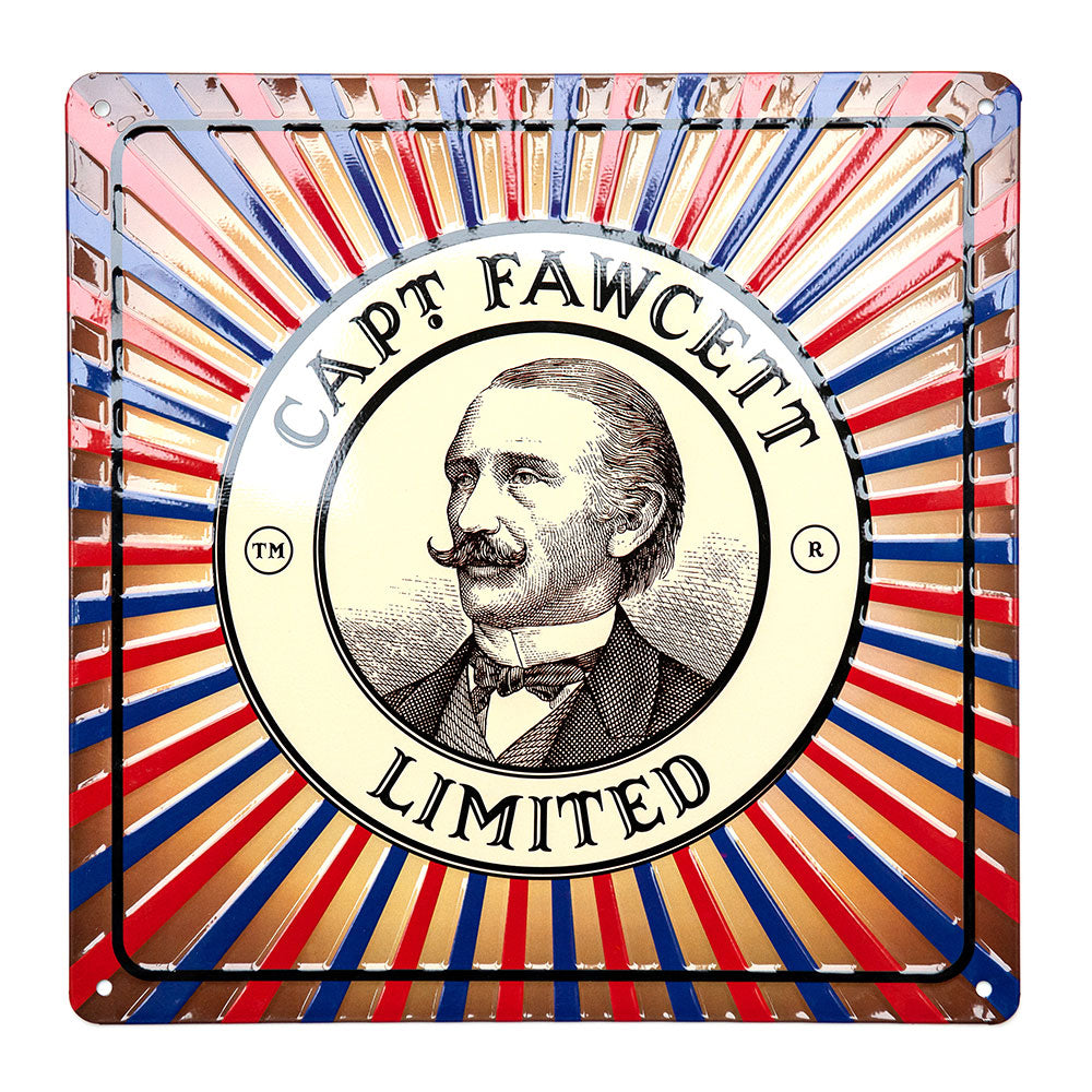 captain-fawcett-tin-plate-sign-blechschild-mit-logo-und-barbier-streifen image 1